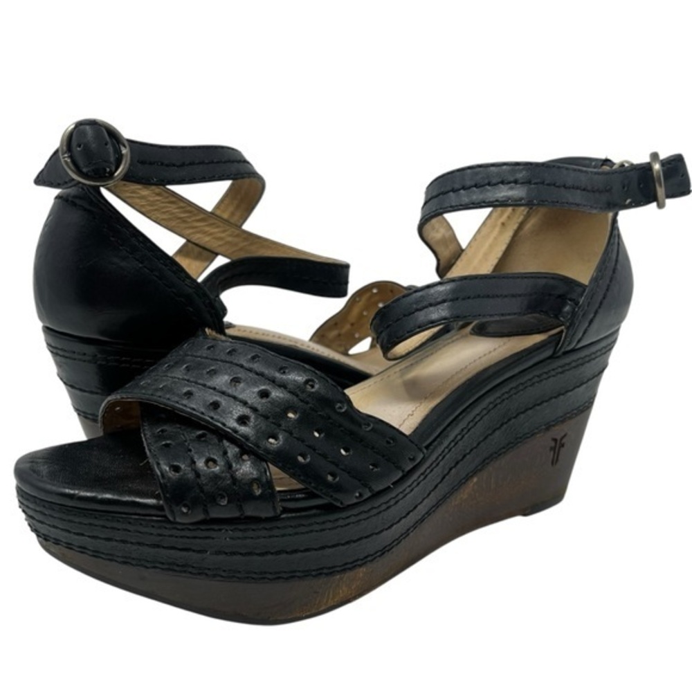 Frye Black Leather Wedge Sandals